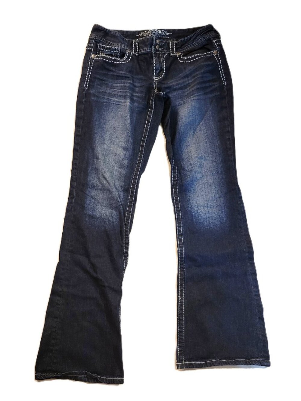 Maurices M-Series Premium Flare Jeans 11/12 Long Rhinestone Flap Pocket Y2K